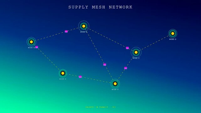 A futuristic Global Logistics Route displays pink data packets moving along dotted paths between hexagonal nodes on a dark blue mesh network digital interface.