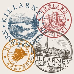 Fototapeta premium Collection of circular vector postal stamps from Killarney national park in Ireland