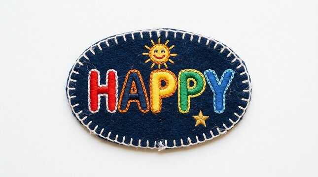 Handmade embroidered patch with the word HAPPY in colorful letters and a smiling sun and star