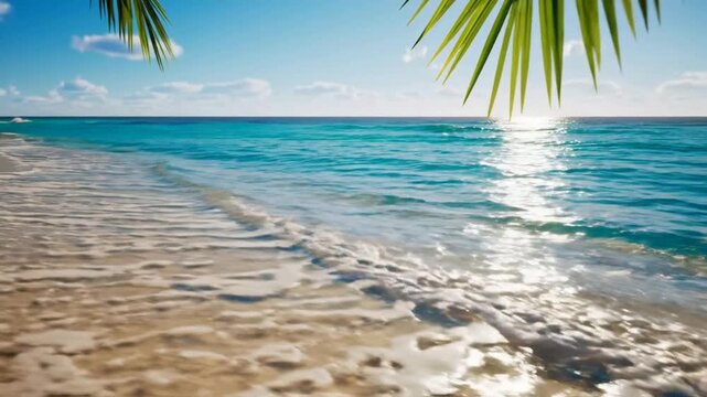 Tropical beach shoreline with footprints in sand and gentle ocean waves at sunset