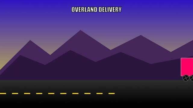 A pink delivery vehicle traverses a global logistics route across a dark mountain range under a purple sky in this stylized two dimensional vector animation.