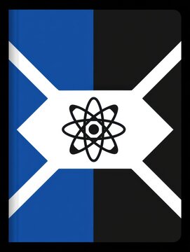 Notebook cover design showcases split colors of blue and black connected by a geometric shape with an atom symbol in the center for STEM.