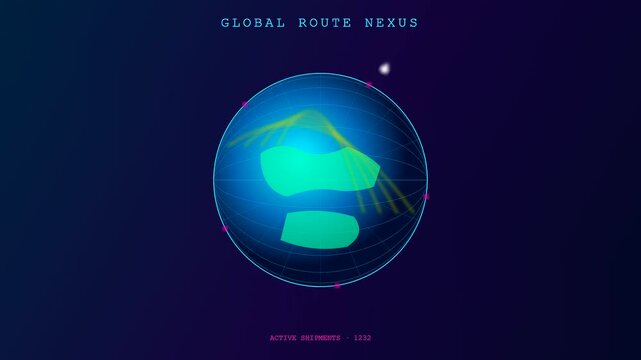 A dynamic global logistics route visualization displays rotating earth sphere with glowing digital lines representing active shipments and data transmission across a dark tech interface.
