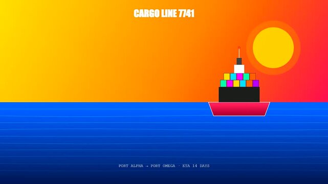 This stylized animation depicts a busy global logistics route as a colorful container ship sails across a vibrant sunset ocean toward its destination port.