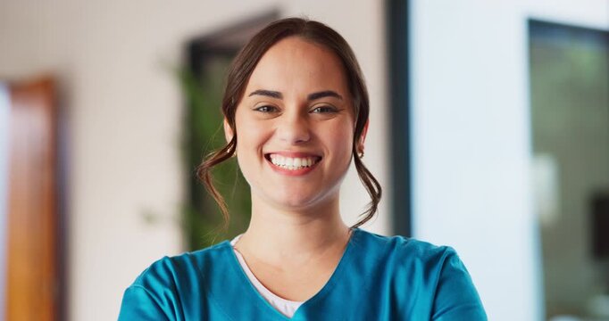 Happy, woman and face of nurse in hospital with confidence for medical career with service. Laugh, professional and portrait of female healthcare worker with pride for about us at clinic in Canada.