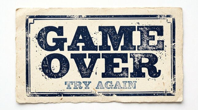 Game Over Try Again distressed vintage sign with grunge texture and dark blue text on aged paper