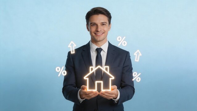 Man in suit holding glowing house icon