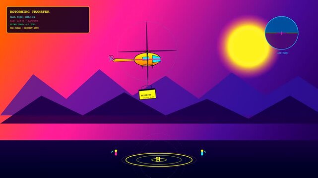 In this vibrant retro animation a helicopter traverses a global logistics route over purple mountains toward a digital landing pad under a glowing neon sun.
