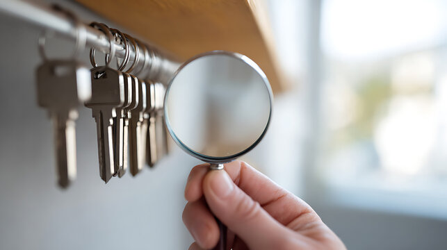 Person holds a magnifying glass inspecting a row of house or car keys hanging neatly on a silver rack beneath a wooden shelf, a quest for the right one