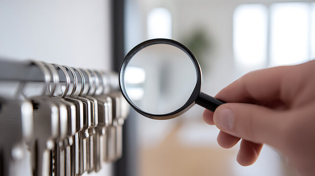 A close-up view of a hand holding a magnifying glass, examining a row of silver keys hanging neatly on a key rack in a bright, modern setting