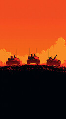 Fototapeta premium Military tanks on horizon at dusk digital artwork war theme dramatic landscape silhouetted view