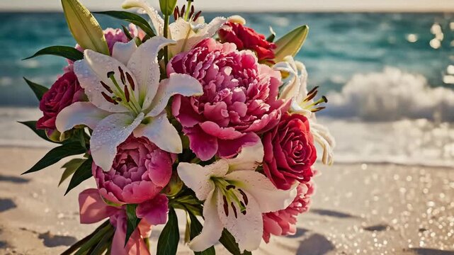 Wedding bouquet with peonies and lilies on tropical beach sand at sunset flowers