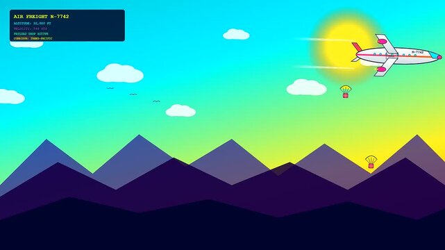 An animated transport plane follows a global logistics route while dropping vital supply crates with parachutes above a stylized mountain range under a bright sun