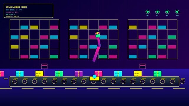 An automated warehouse system demonstrates a Global Logistics Route by using a robotic arm to sort colorful parcels from a fast moving conveyor belt into storage.
