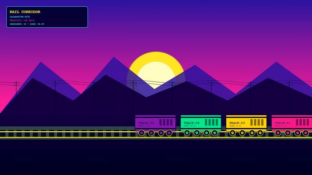 This vibrant global logistics route features a colorful freight train moving smoothly across a neon purple landscape with mountains and a bright sun setting behind.