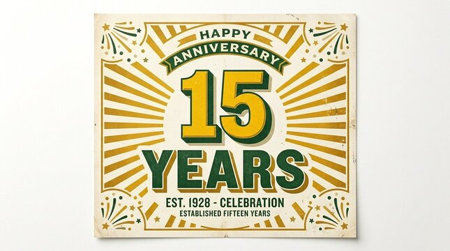 Happy 15th Anniversary Celebration Established 1928 Vintage Style Design with Sunburst and Fireworks