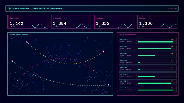 A high tech interface displays a global logistics route with moving data points and changing statistics for monitoring international shipping and transportation fleet operations.