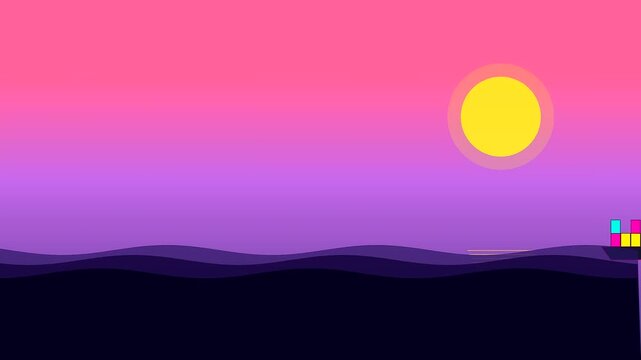 A container ship follows a vital global logistics route while sailing across stylized ocean waves during a beautiful evening sunset with a glowing yellow sun.