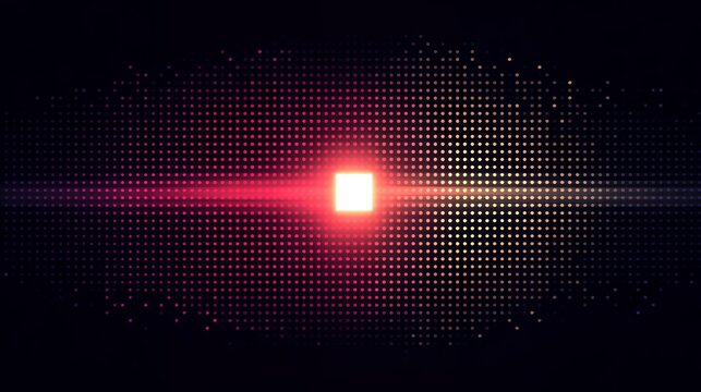 Bright glowing square light emitting horizontal rays on a dark background with colorful halftone dot pattern and flare.