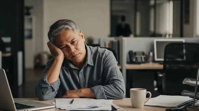 Stressed Asian Senior Businessman Feeling Burnout and Exhaustion at Office Desk