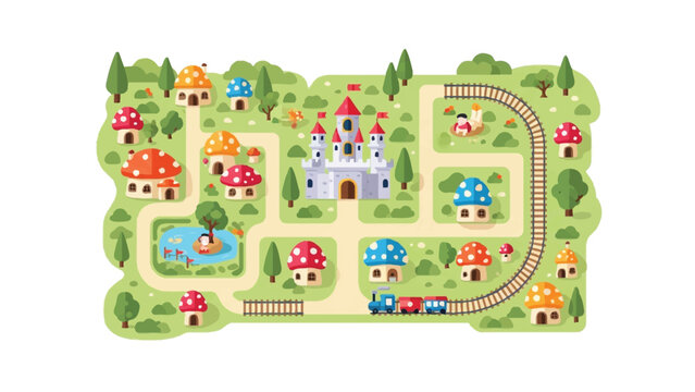 Fantasy Mushroom Village Map with Castle and Train Track Flat Vector Illustration for Kids Game Background