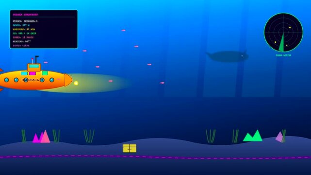 A yellow submarine travels along a global logistics route underwater while scanning the deep sea floor for sunken treasure chests and passing large whales.