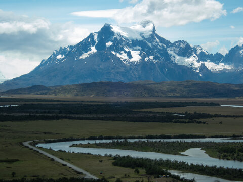 Patagonia mountains with a river