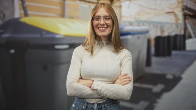 Young redhead woman smiling with folded arms in front of a yellow lidded dumpster on a street; confidence purpose.
