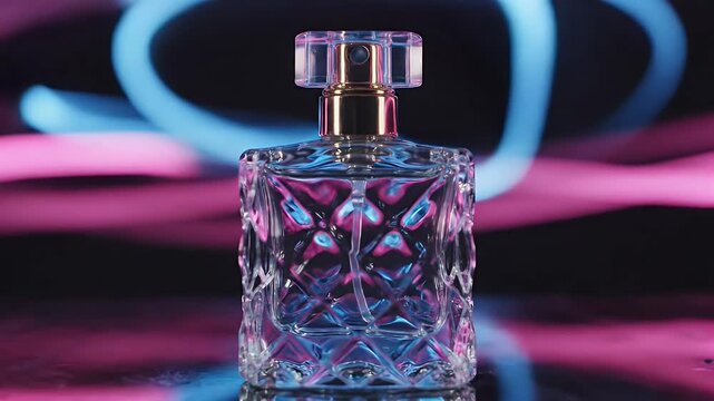 Luxurious square crystal perfume bottle with ornate glass texture under moody purple studio lighting
