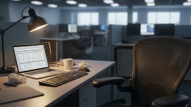 Empty modern office desk at night with laptop and lamp for late overtime work and corporate productivity concept