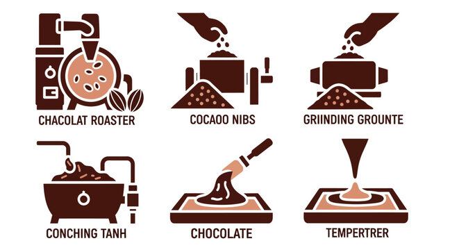 Chocolate Manufacturing Process Steps Icons Set.