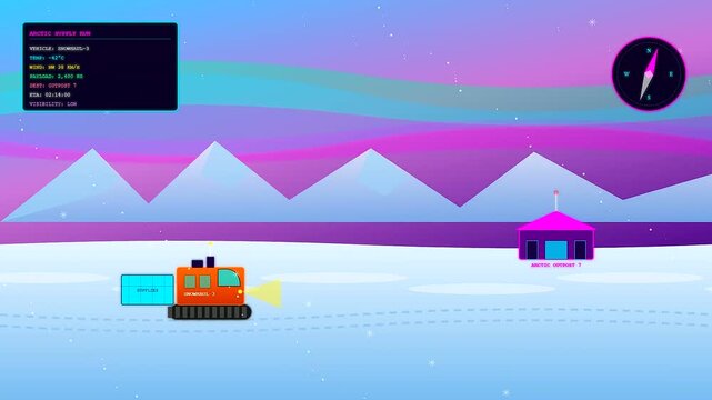 Transporting essential gear along a frozen global logistics route a heavy tracked snow vehicle moves steadily toward a remote polar outpost under a glowing aurora