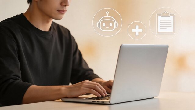 Person working on laptop with icons