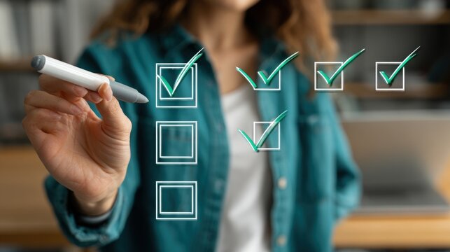 Business professional marking multiple tasks as completed on a digital interface.