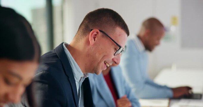 Smile, business and man with staff in seminar for discussion, training intern and career growth. People, laughing and employees in meeting for coaching, corporate presentation and listening to speech