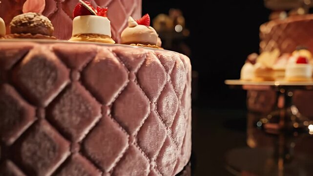 Luxurious Velvet Purple Tiered Cakes with Quilted Patterns and Assorted Pastries on a Glass Display Table