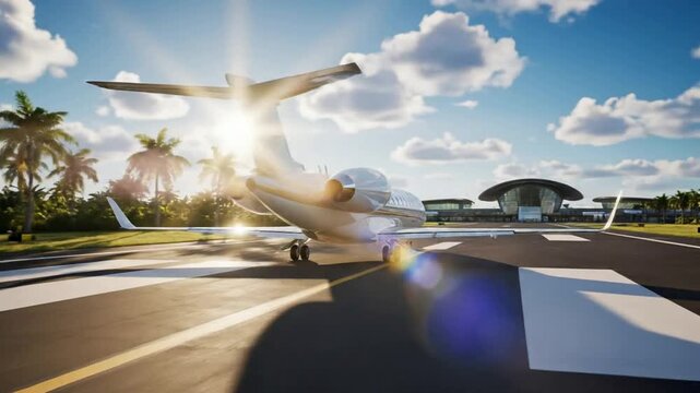 Luxury private jet taxiing on tropical airport runway at sunset, cinematic business aviation travel luxury travel