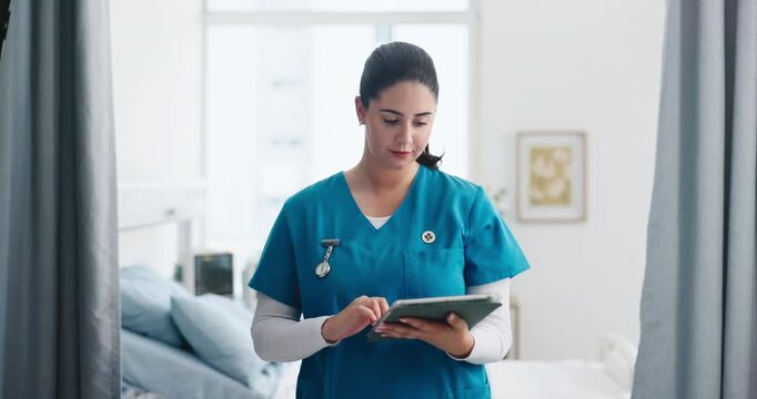 Woman, tablet and nurse in clinic for medical review, scroll email and check insurance information. Hospital, healthcare worker and person with tech for schedule, report or patient records in icu
