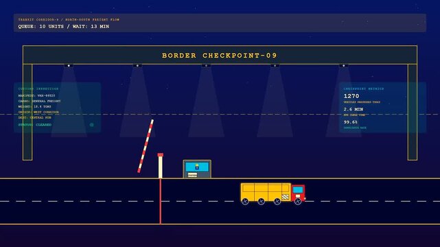 A truck traveling along a Global Logistics Route passes through a modern digital border checkpoint where automated security systems inspect the cargo for safe transport.