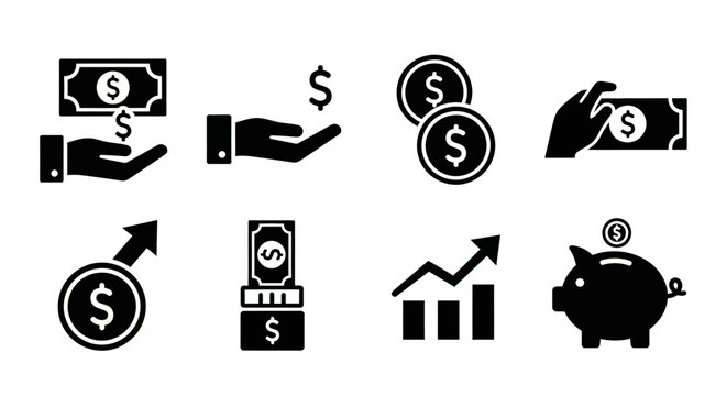Collection of Financial Icons Representing Money and Savings.