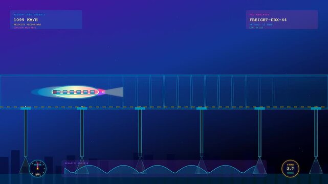 A futuristic Global Logistics Route features a high speed freight pod traveling across a bridge within a vacuum tube while displaying sophisticated digital telemetry data.