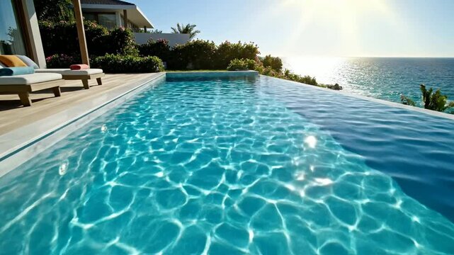 Luxury infinity pool overlooking tropical ocean at sunset with sun flare luxury resort ocean view tropical vacation
