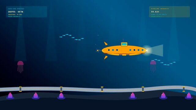 Moving steadily along a Global Logistics Route this yellow submarine scans the seabed pipeline while monitoring structural integrity and vital flow data in a digital environment.