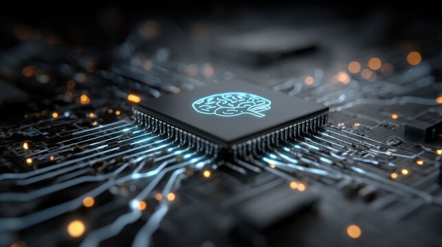 Central processing unit featuring a brain symbol on a motherboard with illuminated electrical pathways.