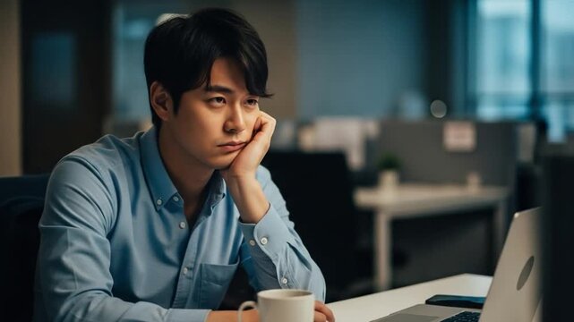 Bored Young Asian Businessman Sitting at Office Desk Feeling Tired and Unmotivated During Workday
