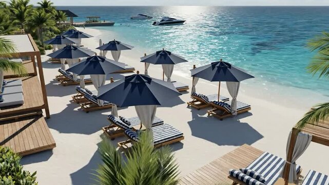 Luxury tropical beach resort with blue umbrellas and sun loungers on white sand at sunny oceanfront vacation