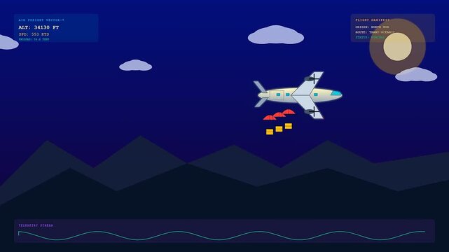 A stylized cargo plane follows a global logistics route across a dark mountainous landscape at night while dropping packages with orange parachutes for remote delivery