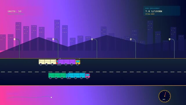 Automated freight vehicles navigate a complex global logistics route within a neon urban landscape showcasing live telemetry for optimized supply chain performance and transportation efficiency.