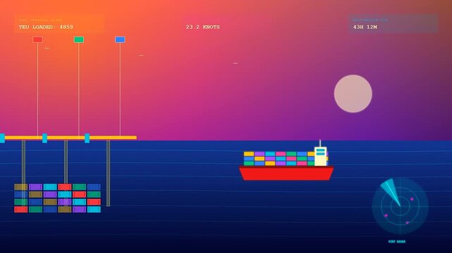 A stylized animation depicting a modern global logistics route as a large cargo ship departs from a busy shipping terminal during a vibrant purple sunset.