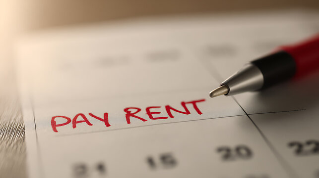 Close-up of a calendar entry marked "PAY RENT" in red, next to a pen, symbolizing important financial obligations and deadlines